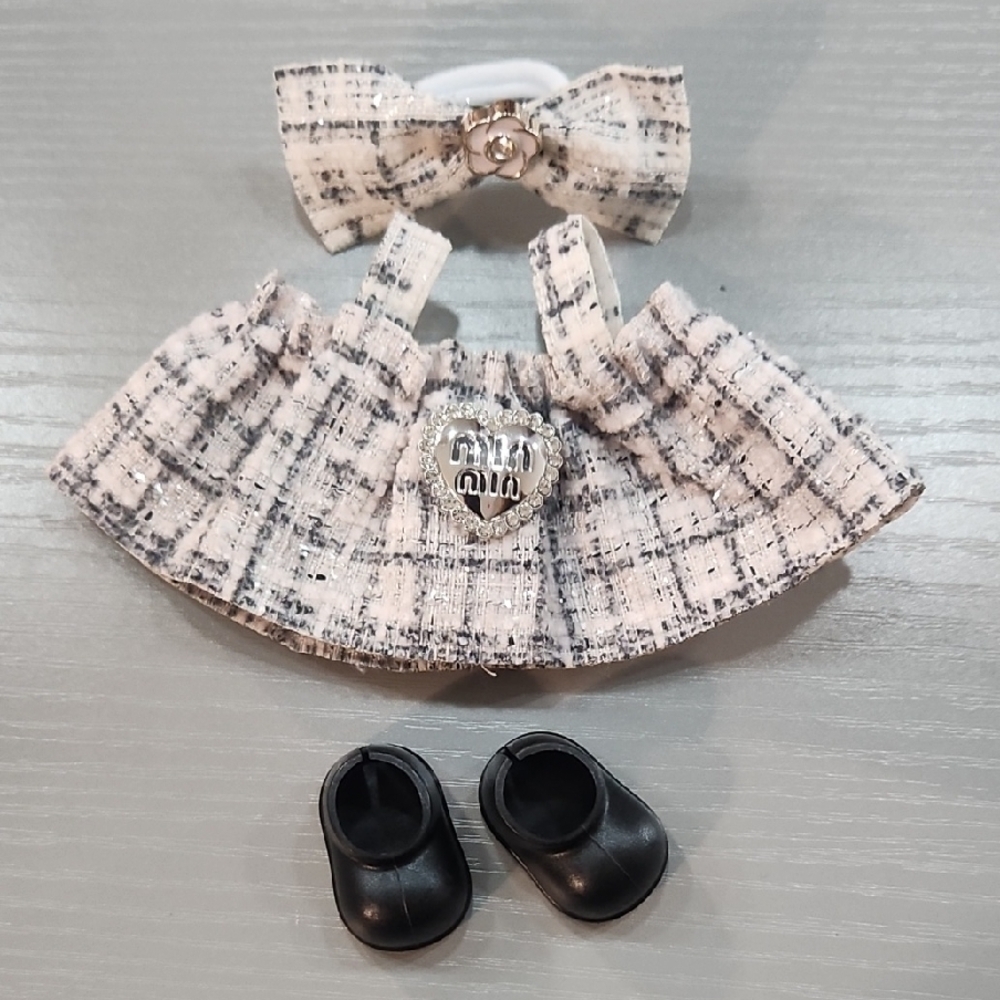 Tweed Labubu Dress with Black Shoes
